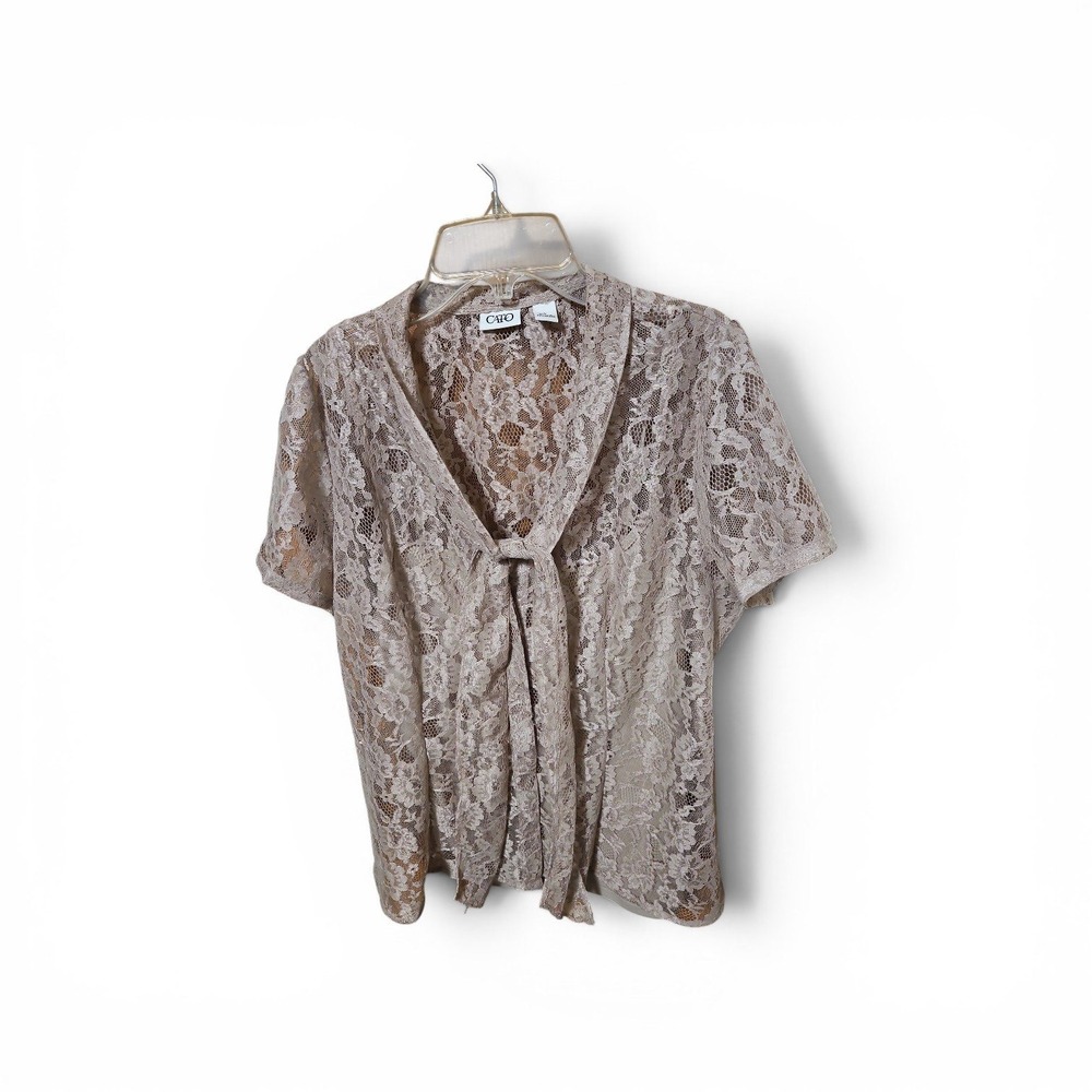 Cato Womens Lace Tie Front Blouse Short Sleeve Floral Sheer Top Taupe Tan